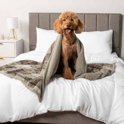 Waterproof Dog Blanket for Medium Large XL Dog Puppy Cat Throw for Couch Cover Leakproof Protection, Sherpa Fleece, Reversible Soft Washable 80X60 Plaid Taupe